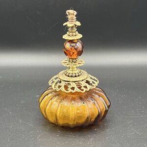VTG Ornate Brass Oil Lamp AMBER Glass Decorative Scalloped Edge Jeweled 4.5"